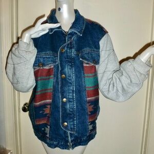 Ash Creek Trading Denim Jacket w Southwest Sweatshirt Fleece Lining & Sleeves L